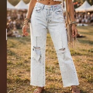 Alice + Olivia Jeans High Rise Distressed Straight Leg Acid Wash Blue Sz 28